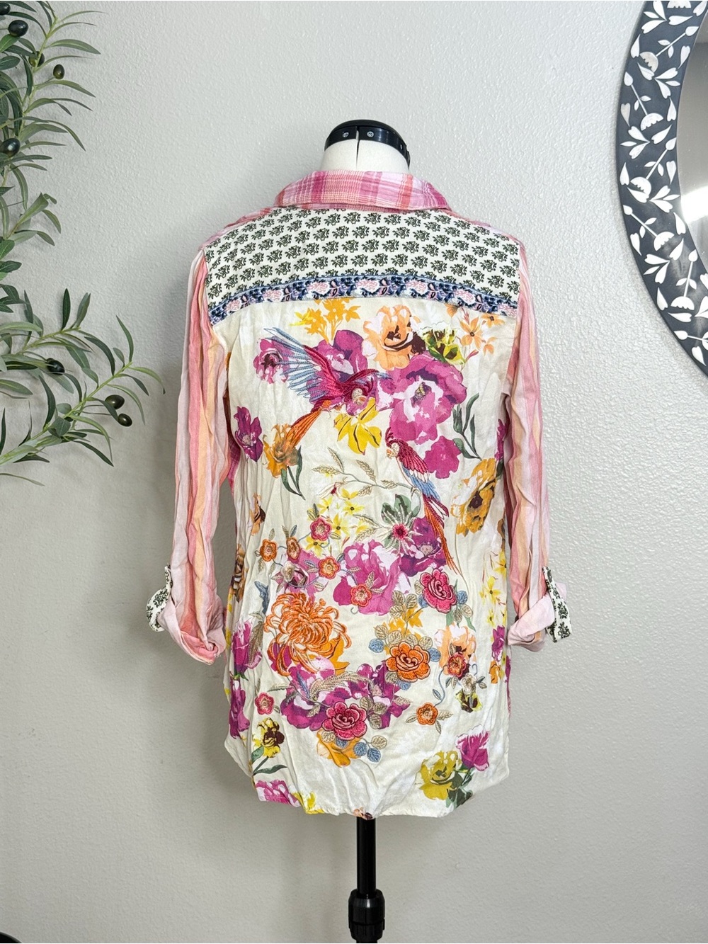 Stunning Mixed Media Floral Embroidered Pink and White Button-Down Shirt